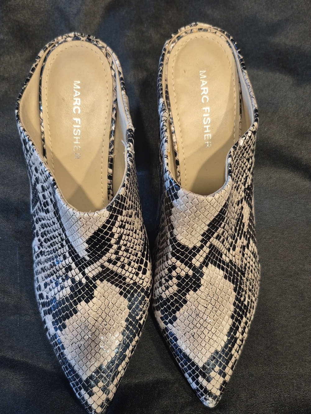 Marc Fisher Ragni Snake-Print Pointed Slip-On Mules - Black & White
